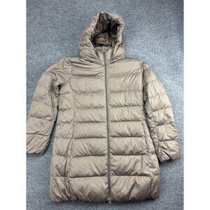 Uniqlo Hooded Puffer Coat Womens XL Taupe Gray Long Quilted Full Zip Jacket Warm